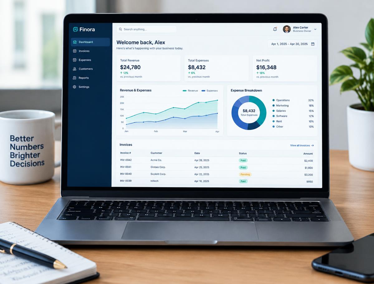 Accounting dashboard showing revenue, expenses and invoices